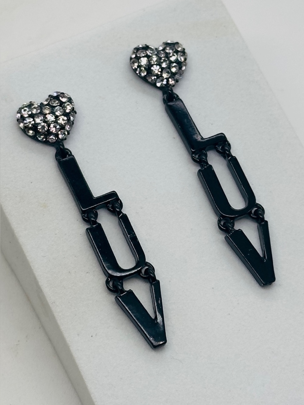 Origami Owl Black Enamel Luv Heart Drop Earrings Rhinestone Dangle Drop Post